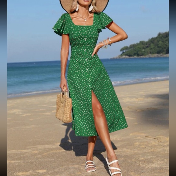 Boho floral print square neck ruffle hem dress - Picture 2 of 6